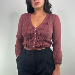 Abercrombie & Fitch Mauve Cropped Button Front Ruched Blouse